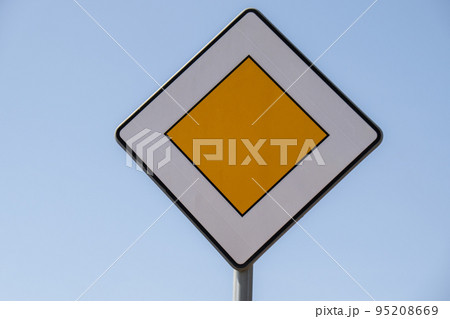 Road sign main road. Speed main road daytime. Road rules International road sign Main road or Priority road against blue sky 95208669