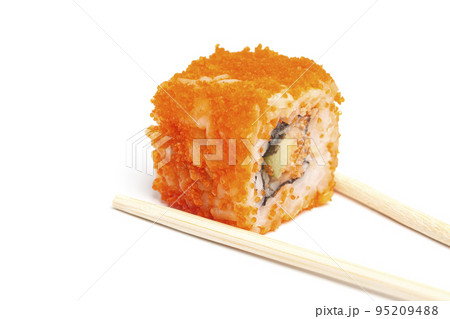 Sushi roll japanese food with chopsticks isolated on white Sushi roll japanese food with chopsticks isolated on white 95209488