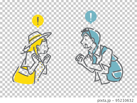 旅行する若いカップル　驚く　シンプルでお洒落な線画イラスト 95210632