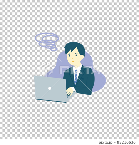 一個穿著西裝的男人在使用電腦/工作/打字時擔心 95210636