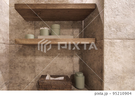 Modern Japandi appartment interior design in earth tones, natural textures with wooden solid oak furniture and sliding Japanese wood doors. Japandi concept 95210904