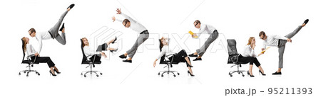 Confrontation. Expressive and flexible office workers in business clothes in motion, action isolated on white background. Creative collage. Confrontation. Expressive and flexible office workers in business clothes in motion, action isolated on white background. Creative collage. 95211393