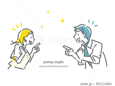 楽しくおしゃべりする若いカップル　シンプルでお洒落な線画イラスト 95211681