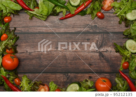 Various vegetable on wood background. Healthy vegetarian food, Top view with copy space for text 95212135