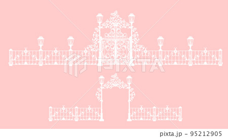 vector silhouette of arch gate with rose flowers decor, elegant fence and street lights vector silhouette of arch gate with rose flowers decor, elegant fence and street lights 95212905