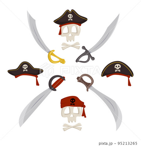 Skeleton skull and crossbones in pirate cocked hat, crossed sabers, knight and warrior. Item for Halloween, holiday and children design. Vector flat illustration Skeleton skull and crossbones in pirate cocked hat, crossed sabers, knight and warrior. Item for Halloween, holiday and children design. Vector flat illustration 95213265