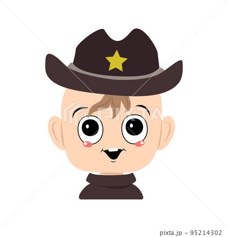 Avatar of a child with big eyes and a wide smile in a sheriff hat with a yellow star. Cute kid with a joyful face in a carnival costume. Head of adorable baby with happy emotions 95214302