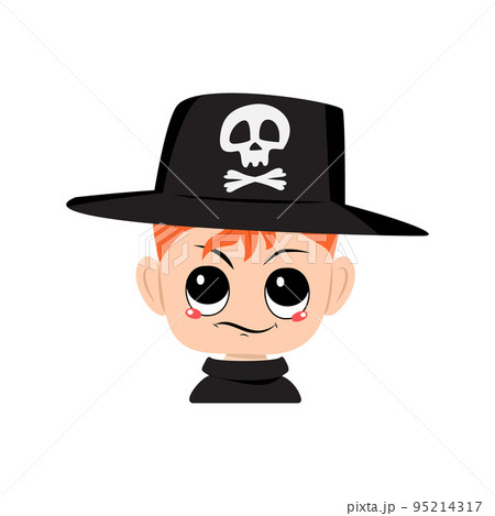 Avatar of boy with red hair, emotions of suspicious, displeased face in hat with skull. Cute kid with annoyed expression in carnival costume for Halloween party Avatar of boy with red hair, emotions of suspicious, displeased face in hat with skull. Cute kid with annoyed expression in carnival costume for Halloween party 95214317