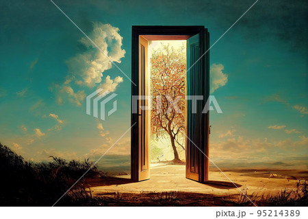 Open door to summer landscape. Season and travel concept. Open door to summer landscape. Season and travel concept. 95214389