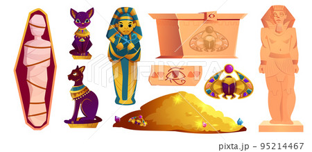 Ancient egyptian set of statues, mummy, scarab, bastet and sarcophagus of pharaoh 95214467
