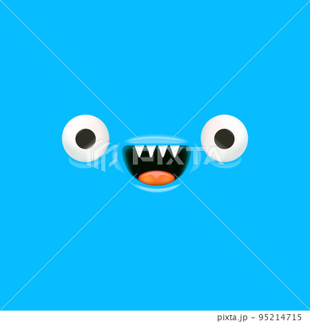 Vector funny blue monster face with open mouth with fangs and eyes isolated on blue background. Halloween cute and funky monster design template for poster, banner and tee print Vector funny blue monster face with open mouth with fangs and eyes isolated on blue background. Halloween cute and funky monster design template for poster, banner and tee print 95214715