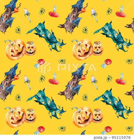 Smiling pumpkins and whimsical houses watercolor seamless pattern isolated on yellow. Smiling pumpkins and whimsical houses watercolor seamless pattern isolated on yellow. 95215076