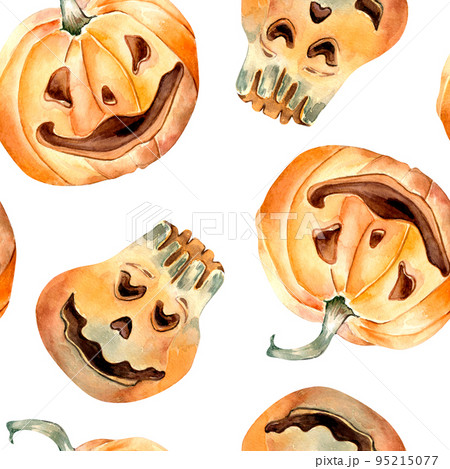 Smiling halloween pumpkins watercolor seamless pattern isolated on white. Smiling halloween pumpkins watercolor seamless pattern isolated on white. 95215077
