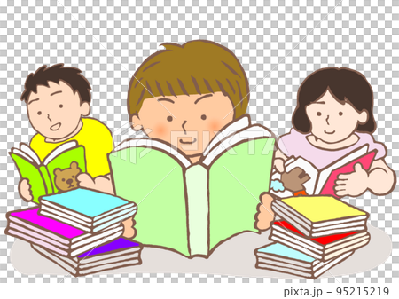 たくさんの本を楽しそうに読む子ども達のイラストのイラスト素材 [95215219] - PIXTA