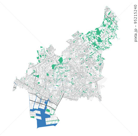 Funabashi map. Detailed map of Funabashi city administrative area. Cityscape panorama illustration. Road map with highways, streets, rivers. 95215240