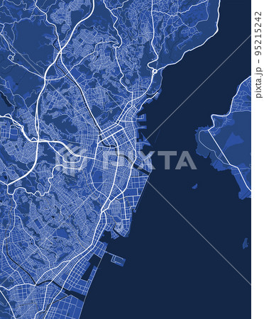 Detailed map poster of Kagoshima city, linear print map. Blue skyline urban panorama. Decorative graphic tourist map of Kagoshima territory. 95215242