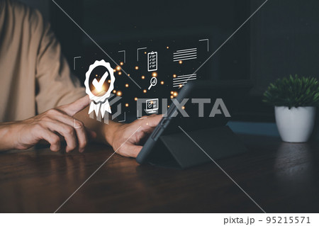 Businessman with tablet and sign of the top service and correct. ISO certification, Guarantee, Quality assurance, Standards and standardization concept. Customer service evaluation and satisfaction. 95215571