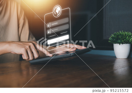 Man hold tablet and touching username and password for technology cyber security internet and networking system. Information security and encryption concept. Surveillance of Personal database 95215572