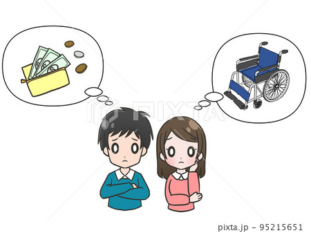 車椅子はレンタルもしくは購入するのにいくらお金がかかるのか悩む男性と女性 95215651