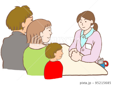 児童精神科のソーシャルワーカーと面談する発達障害の男の子とその両親のイラスト 95215685