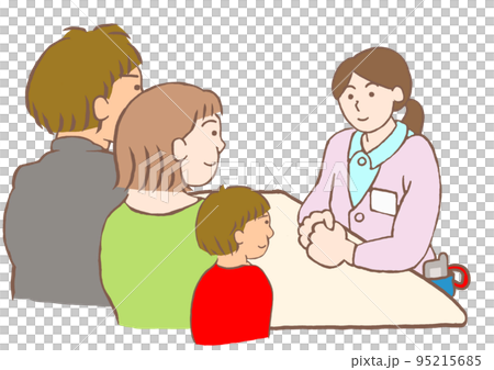 児童精神科のソーシャルワーカーと面談する発達障害の男の子とその両親のイラスト 95215685