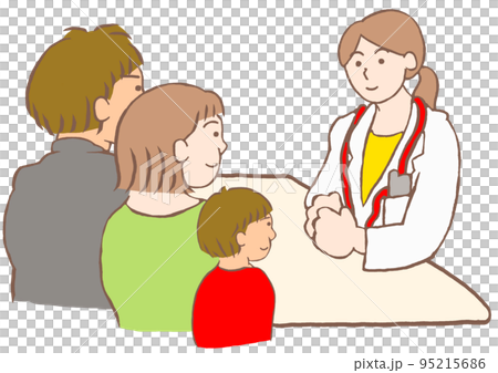 Illustration of a developmentally disabled boy and his parents meeting with a female psychiatrist 95215686