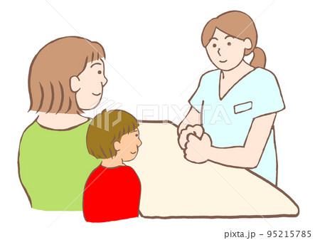 児童精神科の看護師と面談する発達障害の男の子とその母親のイラスト 95215785