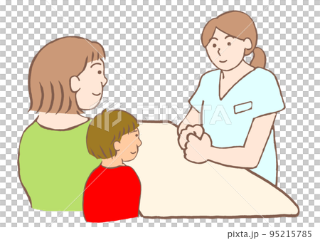 児童精神科の看護師と面談する発達障害の男の子とその母親のイラスト 95215785