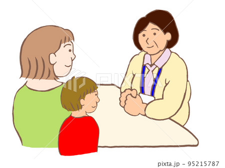 ベテランの保健師と面談する発達障害の男の子とその母親のイラスト 95215787