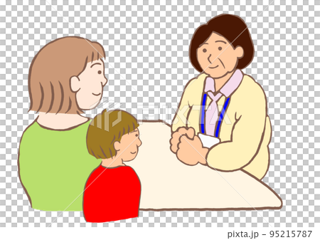 ベテランの保健師と面談する発達障害の男の子とその母親のイラスト 95215787