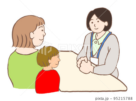 児童精神科のソーシャルワーカーと面談する発達障害の男の子とその母親のイラスト 児童精神科のソーシャルワーカーと面談する発達障害の男の子とその母親のイラスト 95215788