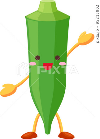 手を挙げるかわいいオクラのキャラクターのイラストのイラスト素材