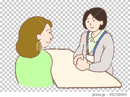 Illustration of a depressed woman having an interview with a mental health social worker 95216043