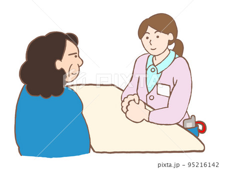 精神保健福祉士と面談をする統合失調症の女性のイラスト 精神保健福祉士と面談をする統合失調症の女性のイラスト 95216142