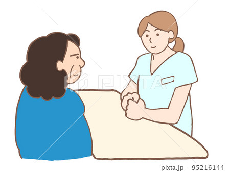 精神科看護師と面談をする統合失調症の女性のイラスト 95216144