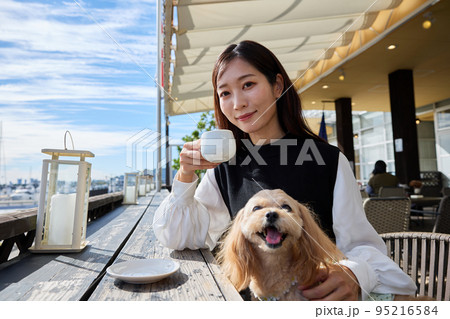 ドッグカフェで愛犬と過ごす女性 ドッグカフェで愛犬と過ごす女性 95216584