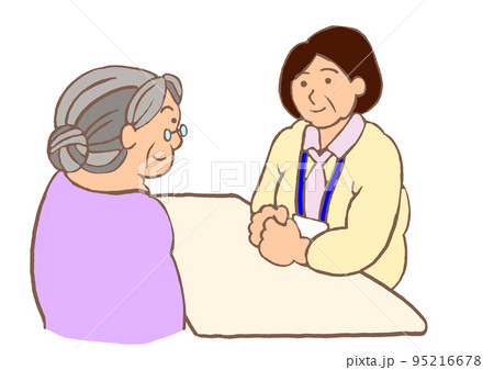 ベテランのケアマネジャーと面談をする認知症の高齢女性のイラストのイラスト素材