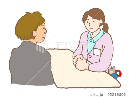 大人の発達障害　精神保健福祉士の面接を受ける男性会社員のイラスト 95216806