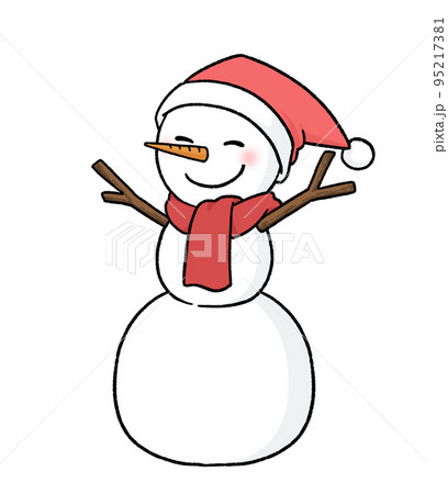 サンタ帽子をかぶる三段重ねの雪だるま 95217381