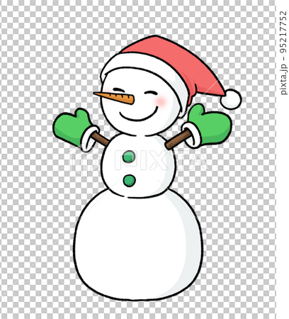 Three-tiered snowman wearing gloves and a Santa hat 95217752