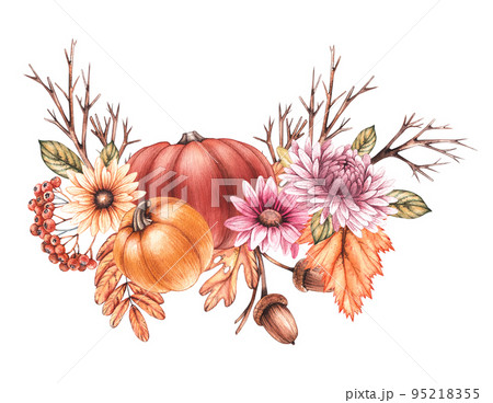 Watercolor pumpkin with flowers and dry leaves on a white background 95218355