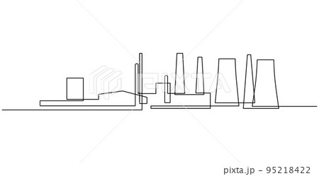 Continuous line drawing of industrial plant. Abstract factory buildings minimalist black linear design isolated on white background. Power plant vector illustration. 95218422