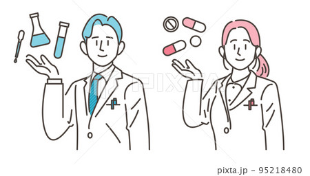 医薬品や調剤道具を掌に乗せて笑顔で案内する男女薬剤師セット【ベクターイラスト素材】 医薬品や調剤道具を掌に乗せて笑顔で案内する男女薬剤師セット【ベクターイラスト素材】 95218480