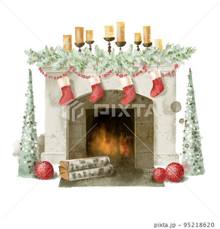 Watercolor colorful Christmas fireplace. Digitally painted illustration. . High quality illustration 95218620