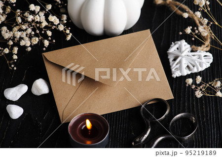 Mock-up card with craft envelope and heart Mock-up card with craft envelope and heart 95219189