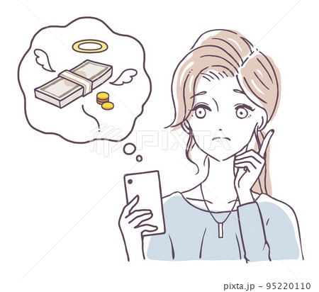 お金がない女性　スマホ　サブスク　ゲームアプリ　金欠　悩む人物　イラスト素材 95220110