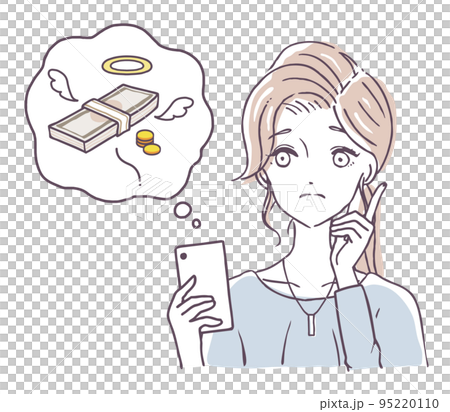 お金がない女性　スマホ　サブスク　ゲームアプリ　金欠　悩む人物　イラスト素材 95220110
