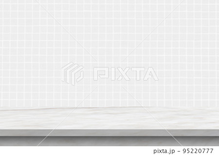 Empty white marble table top with blur tile wall bathroom background 95220777