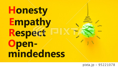 HERO honesty empathy respect open-mindedness symbol. Concept words HERO honesty empathy respect open-mindedness on yellow background. HERO honesty empathy respect open-mindedness concept. 95221078