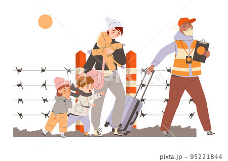 Woman Refugee with Little Children Seeking Asylum Following Volunteer in Vest Vector Illustration 95221844